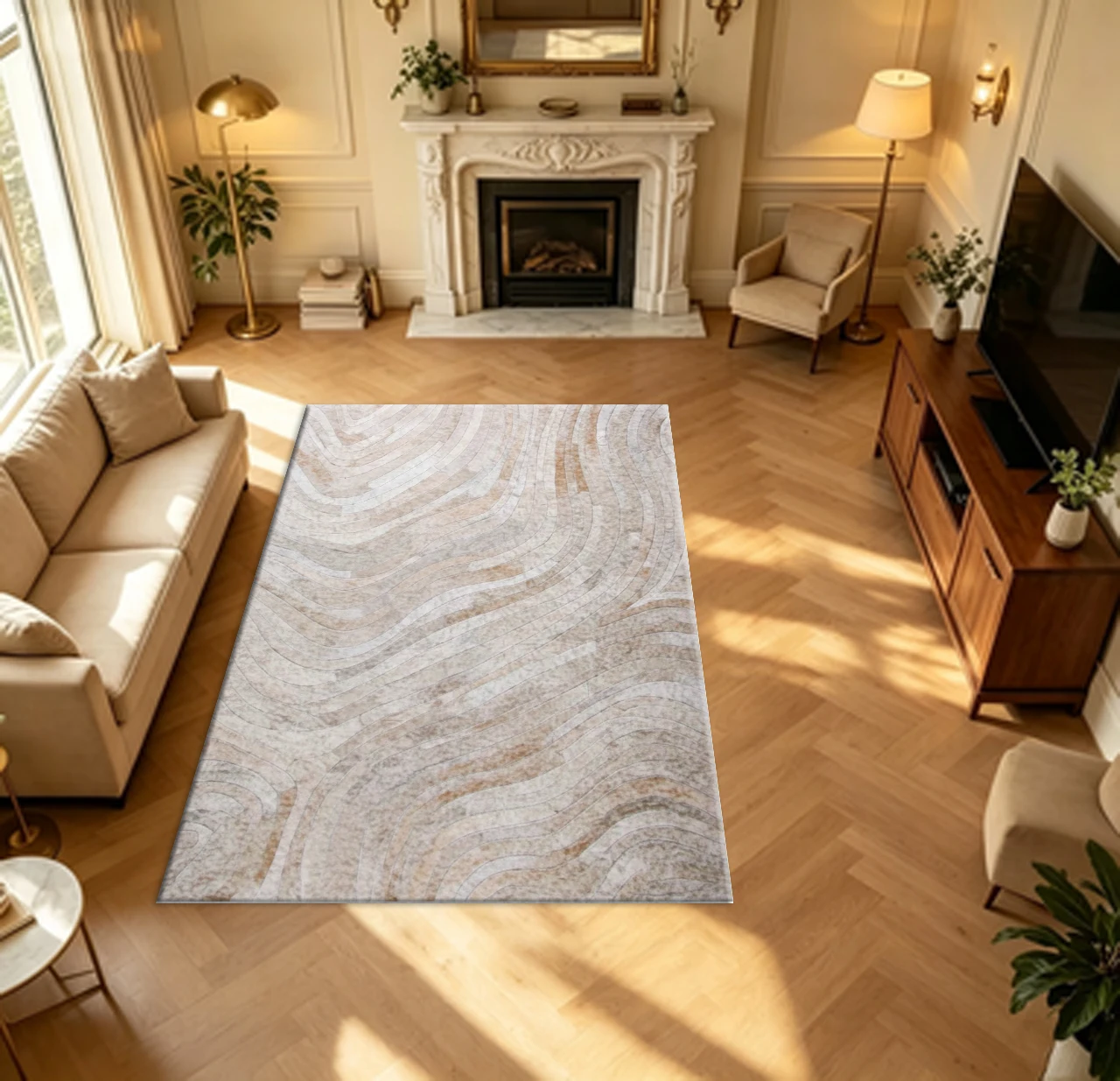 Beige Brown Wavy Contour Line Carpet Flooring Natural Curved Texture Large Area Rug for Bedroom Home Interior