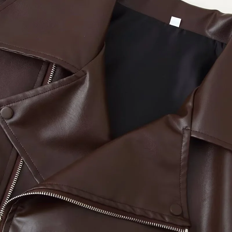 Faionable ort Leather Jaet المرأة الخريف جديد Sle مربوط فضفاض صالح تنوعا ملابس خارجية تخفيف Sle طويل Sve سستة