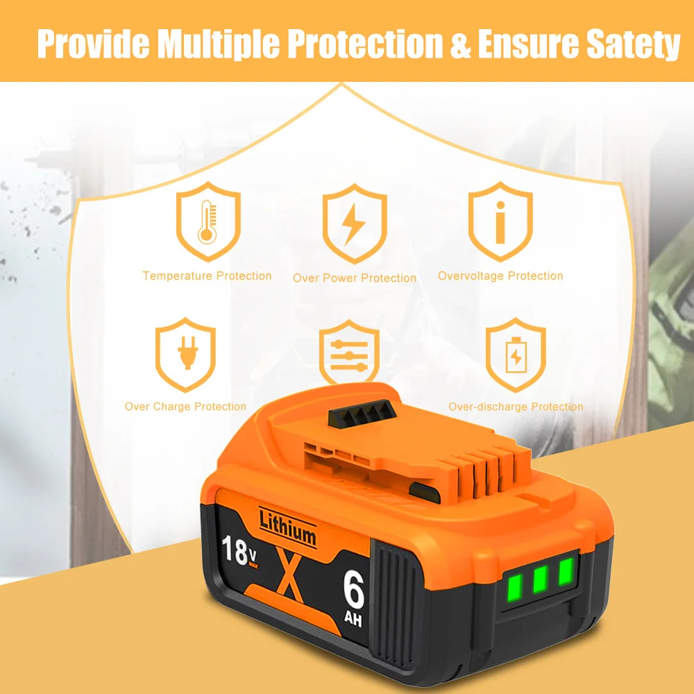 Akumulator litowy 6000mAh do Dewalt DCB200 20V, zamiennik DCB205 DCB206 DCB209 DCB181 DCB182, do elektronarzędzi, z ładowarką 6A — zdjęcie produktu 5
