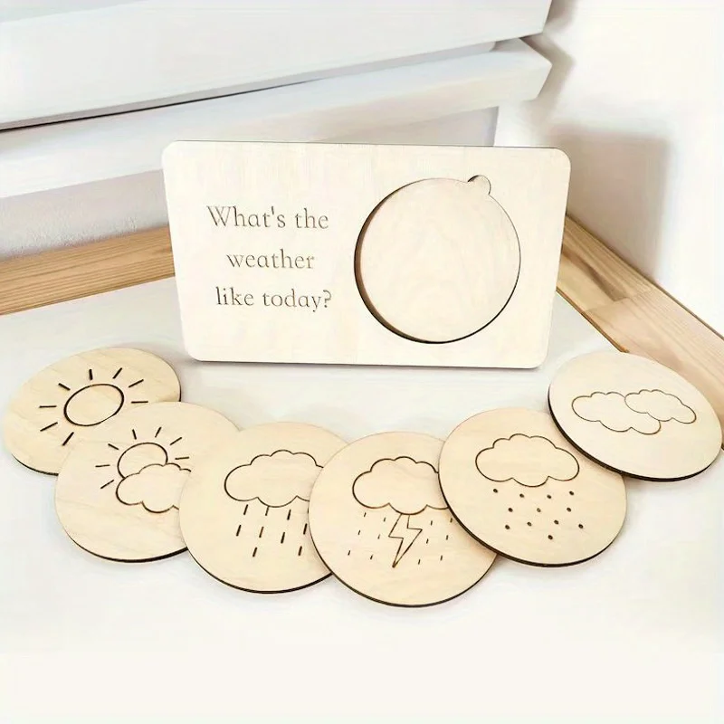 1 Set Wooden Weather Display Signs Intuitive Weather Patterns with English Phrases Desktop Hallway Home Room Decoration