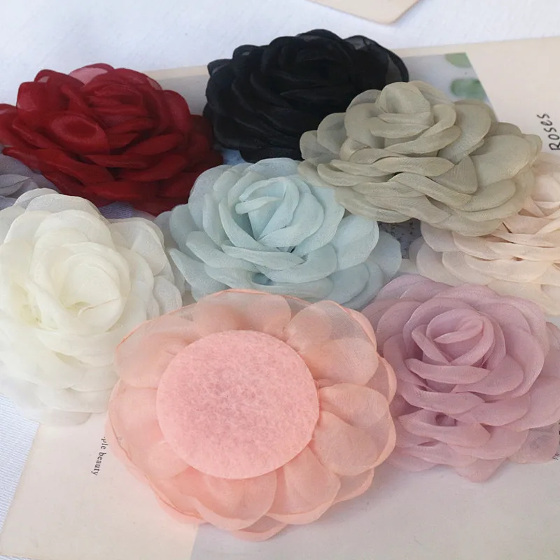 5Pcs 8CM Organza Artificial Flower Head Fake Rose Flowers For Home Decor Wedding Party Hats Hair Decoration Bride Accessories