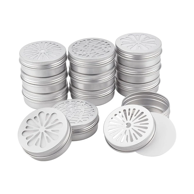 

12Pcs Aluminium Tins 3 Style Round Container 2 Ounce Empty Tins With Hollow Lids Refillable Spice Containers