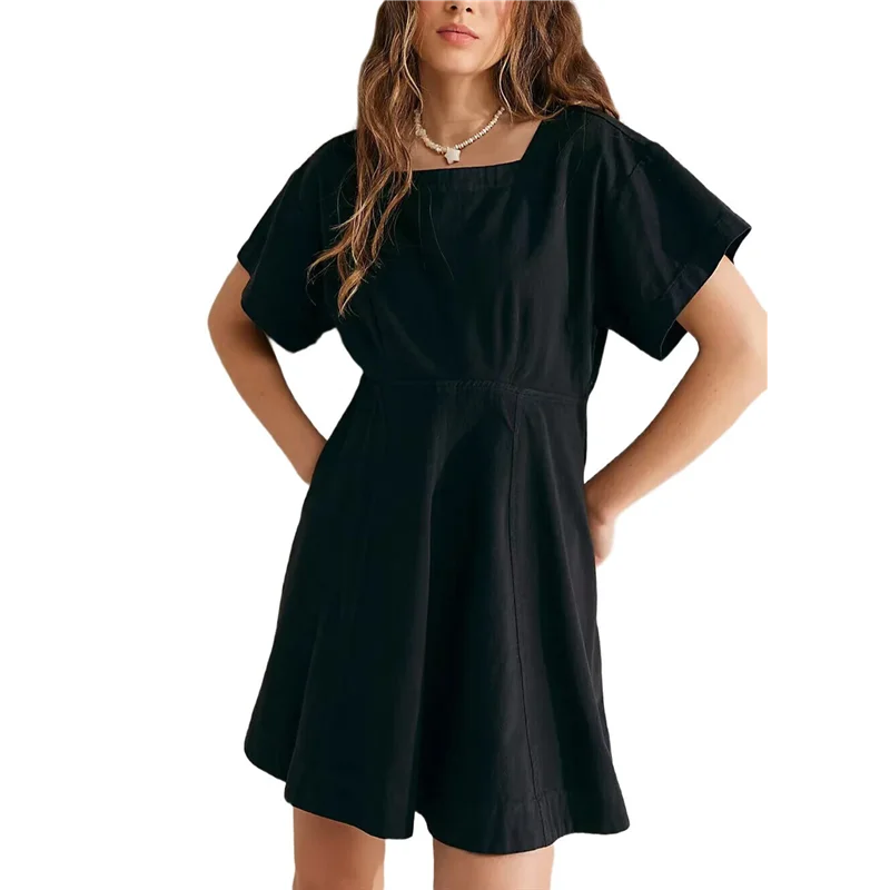 Vestido de mujer con manga abombada y cuello cuadrado con lazo en la espalda con cremallera