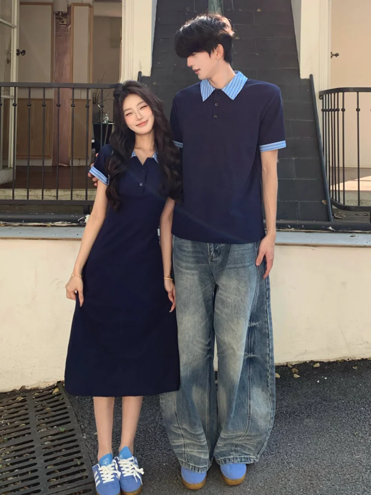   Conjunto de Casal: Saia e Camisa de Manga Curta com Gola, Vestido Feminino e Camisa Masculina 2026 Nova Coleção Verão em Algodão e Poliéster Casual