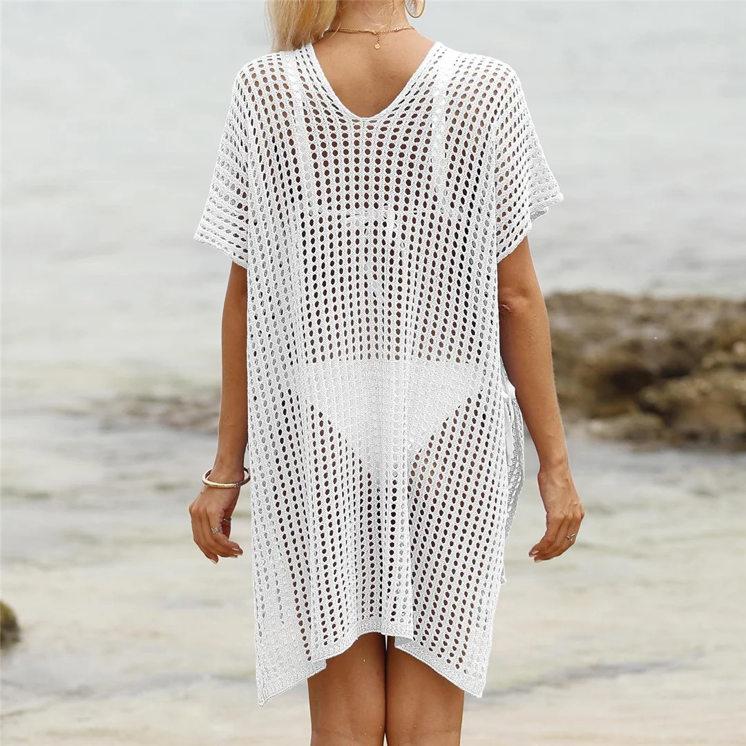 Kurzarm-Tunika mit V-Ausschnitt und Aushöhlungen, gehäkelt, Strickkleid, Strandkleid, Strandmode, Strandbekleidung, Strand-Cover-up, Damen, V8061 – Detail 29