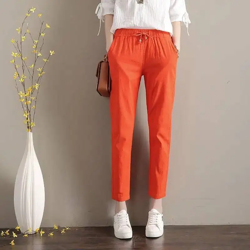 2025 Summer Pants For Women Solid Lace Up Harem Pant Casual Baggy Elastic High Waist Cropped Trousers Female Clothing