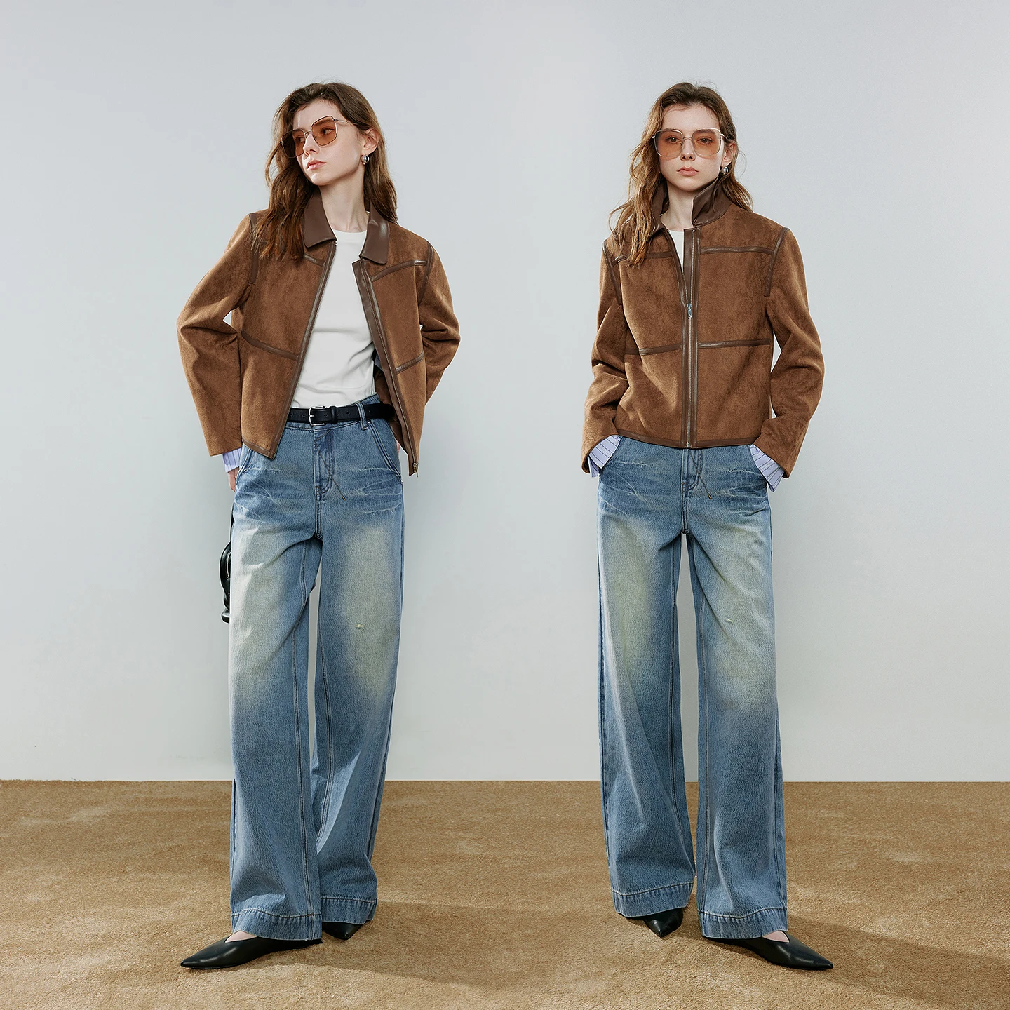 Women's Coffee Suede Jacket - Patchwork Shimmer Coat