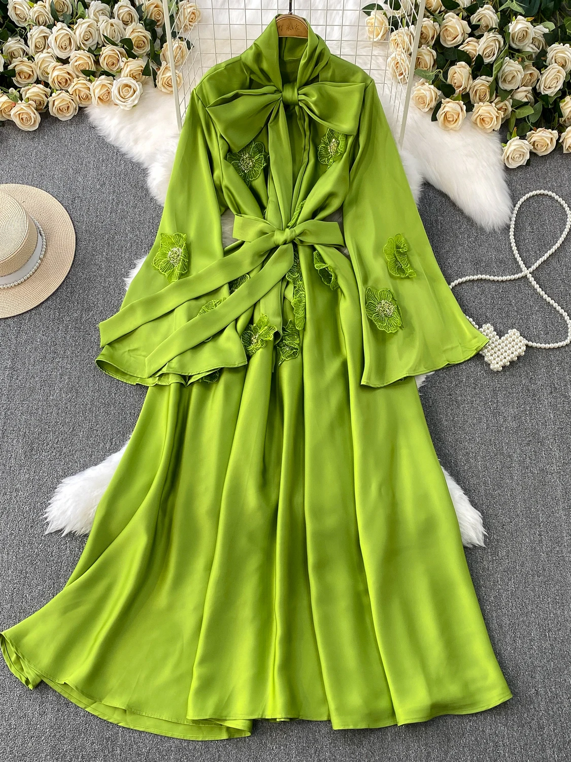 우아한 v 넥 벨 슬리브 드레스 여성 여름 허리 씬 실크 새틴 슬리밍 롱 드레스 하이 웨이스트 꽃 3D 디자인