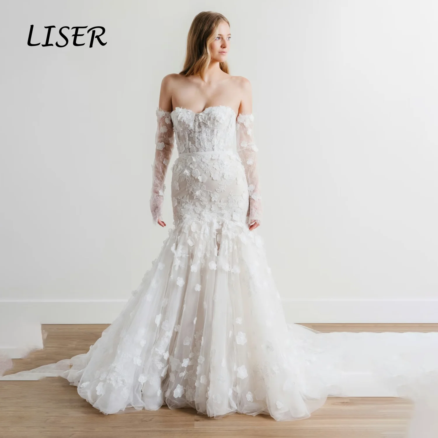 Liser Customized Ivory Sweetheart Detachable Long Lace Sleeve Mermaid Wedding Dress 3D Floral Tulle Skirt Robe De Mariée 2026