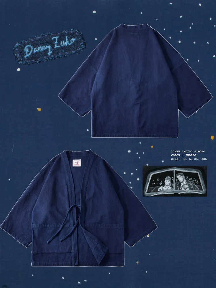 

Аутентичное льняное хлопковое кимоно с диким синим красителем, винтажное синее окрашивание, 380 А, свободная молодежная одежда, четыре сезона