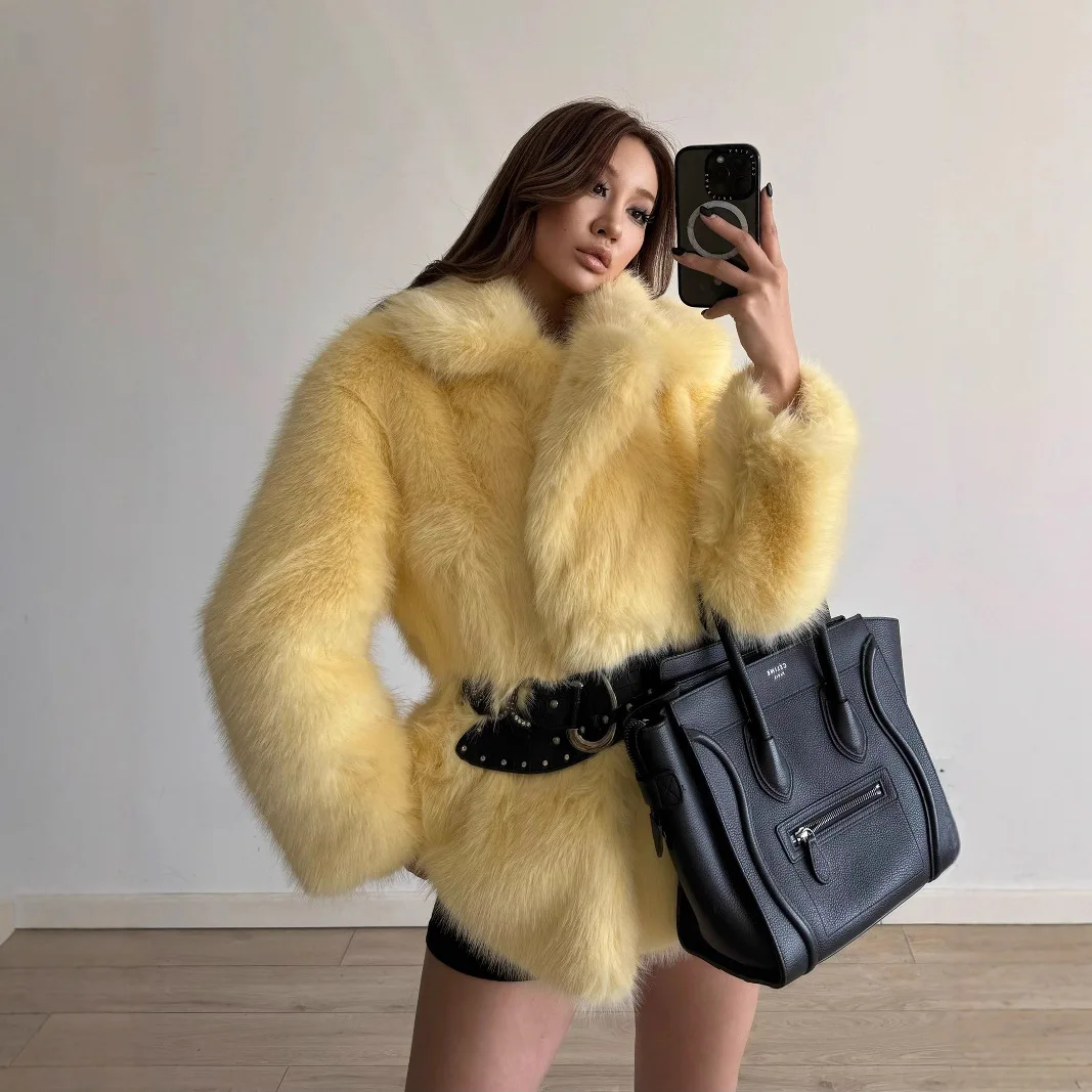 Damskie płaszcze z futra lisa, długi rękaw, grube, ciepłe kurtki, kołnierz, luźny krój, streetwear, łączony, elegancki płaszcz, jesień-zima