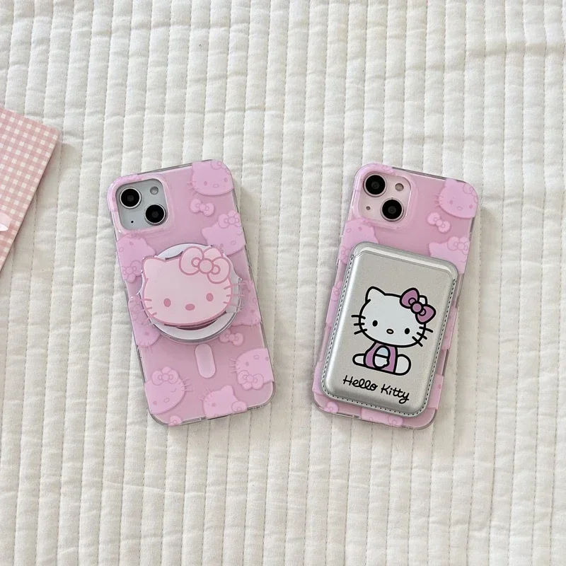 Cute Sanrio Hello Kitty Magnetic Wallet Bracket Magsafe Wireless Charge Phone Case For iPhone 16 15 14 13 12 11 Pro Max Cover