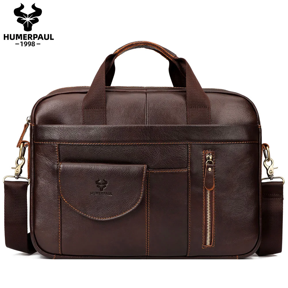 HUMERPAUL Men\'s Leather Briefcase for Laptop Large Capacity Business Work Shoulder Messenger Bag Genuine Leather