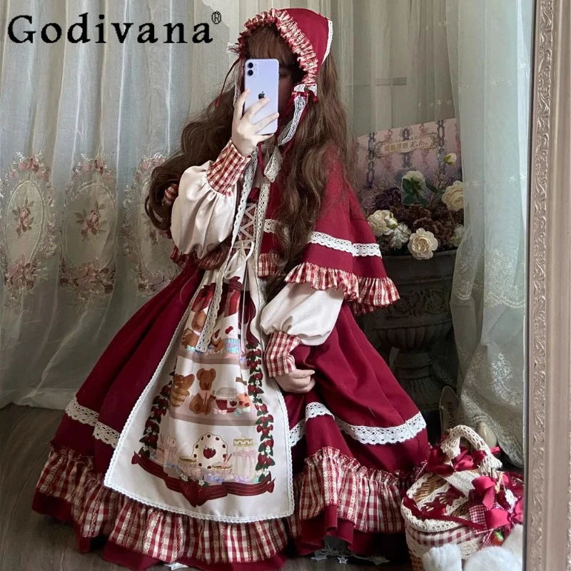

Christmas Party Red Lolita Cosplay Dress Cape Set Autumn Winter New Cute Girl's Sweet Lolita Long Sleeve Dress Hooded Cloak set