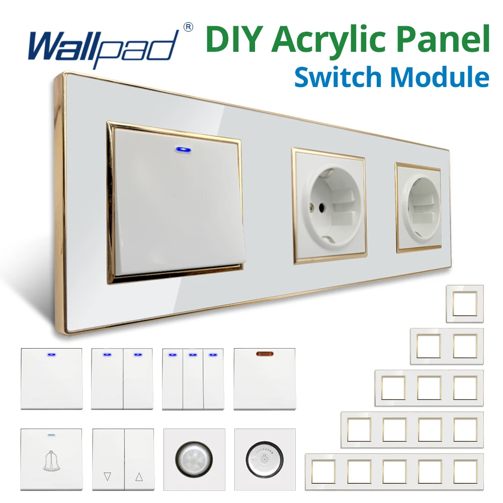 Wallpad White Acrylic Panel With Gold Border Wall Light Switch Function Key Only DIY Free Combination 52*52mm