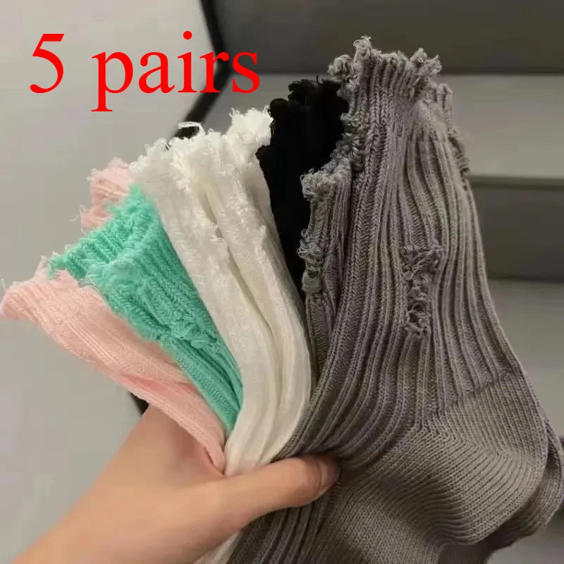 

Модные носки в стиле Харадзюку с эффектом потертости, средней длины, осенне-зимние, хлопковые, для скейтбординга и хип-хопа