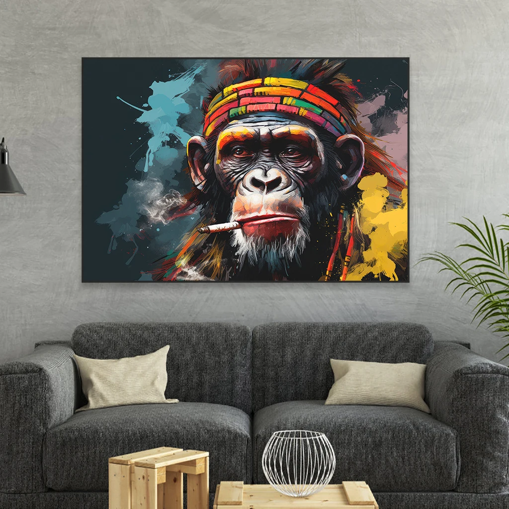 Large Nature Animal Poster Modern Chimpanzee Smoking Graffiti Art Pop Street Poster Canvas Prints Coloful Canvas Painting Decor