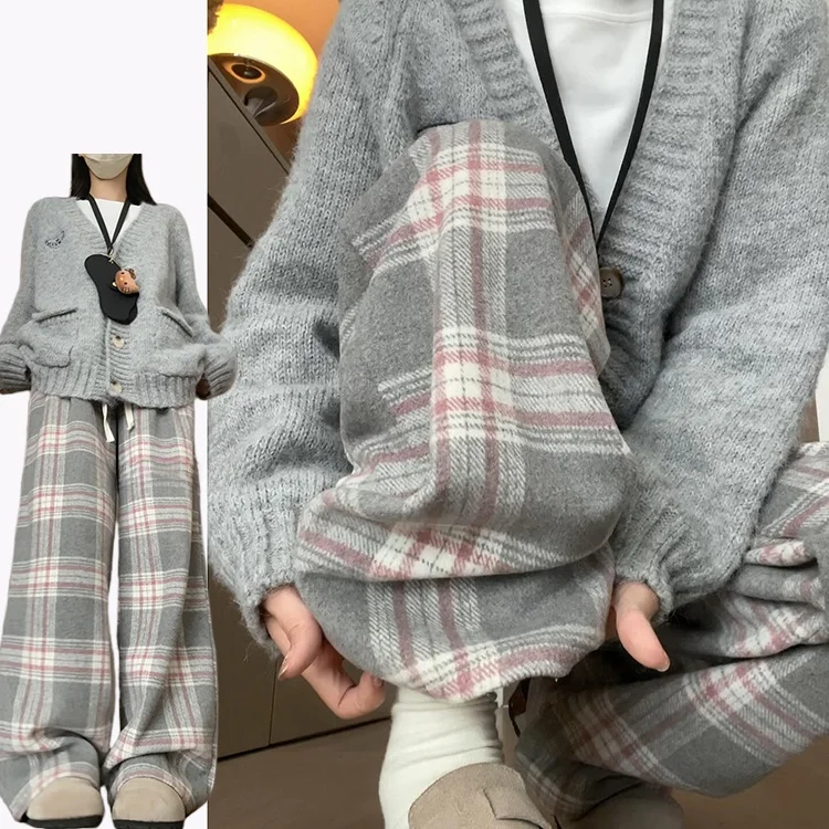 ay Pink Lazy Tweed Plaid Pants Women's Autumn Winter 2025 New Small Size Slim High Waist Casual Wide Leg Pants