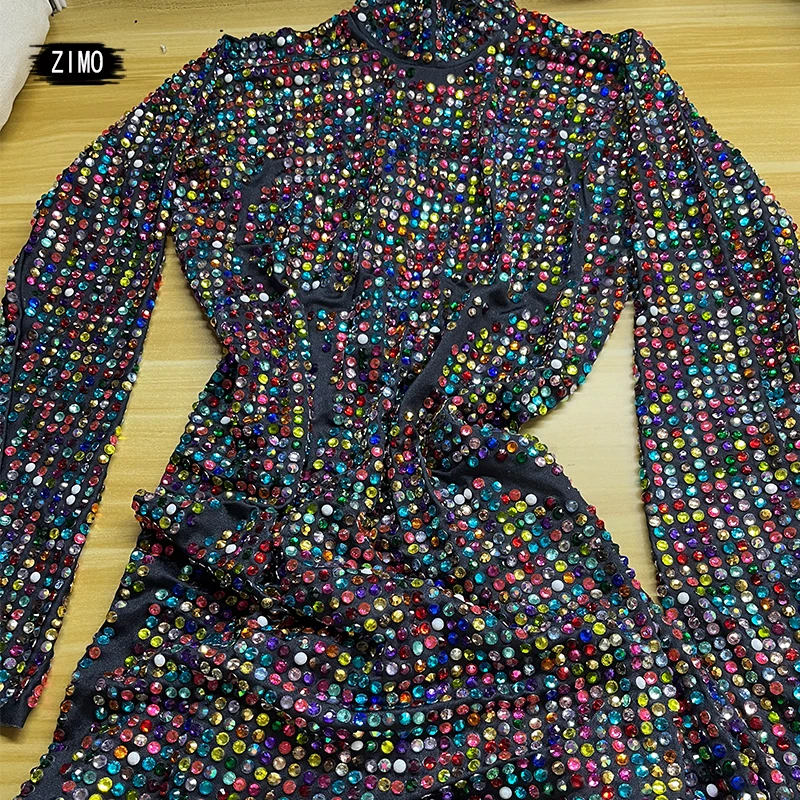 Sexy AB Rhinestone Women long sleeve Jumpsuit Party Tight Fitting Black Rompers Singer Dancer nightClub stage designer clothes