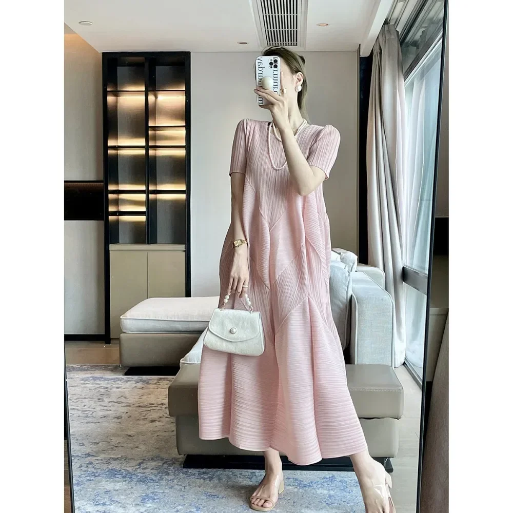 Pleats Pleated Summer New Commuter French Women\'s Simple Temperament Elegant Bud Dress Loose Casual Plus Size Long Dresses