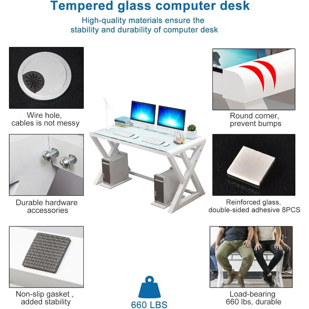 유리 컴퓨터 책상, 탄소강 프레임과 유리 상판을 갖춘 현대적인 컴퓨터 책상, 홈 오피스 책상 컴퓨터 테이블 연구용