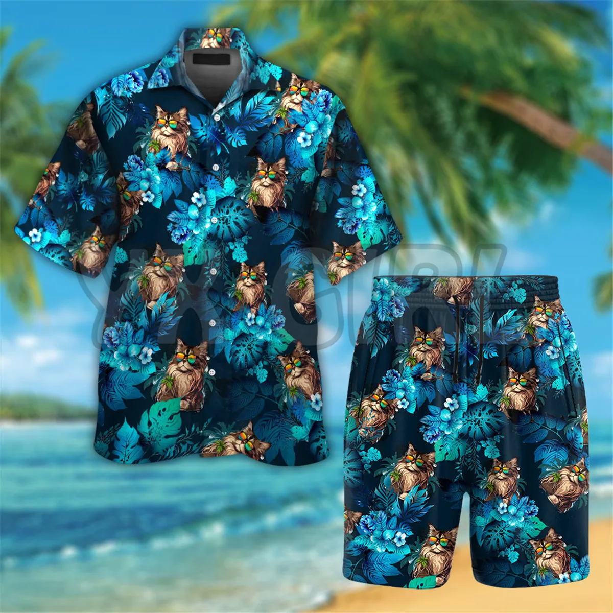 Himalayan Cat Funny Hawaiian Shirt 3D Printed Hawaiian Shirt+Beach Shorts Summer Tops