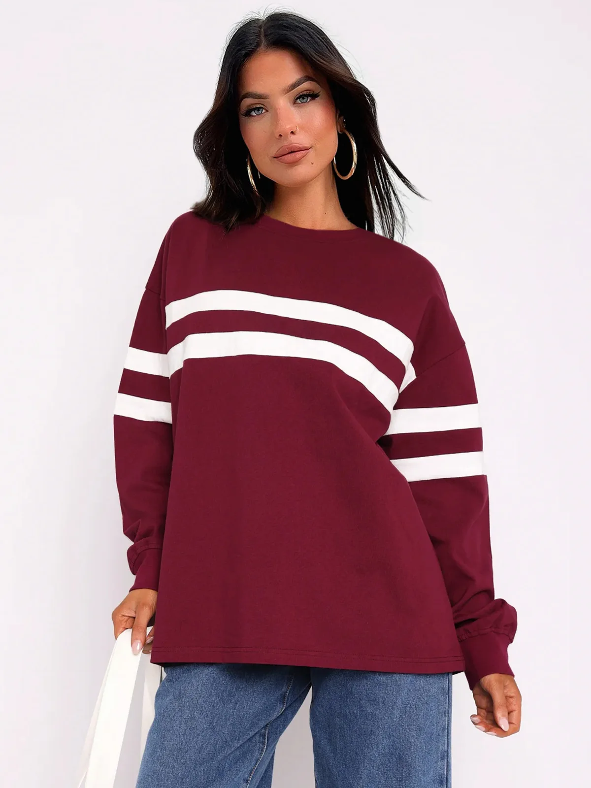 Frauen gestreiften Sweatshirt Herbst übergroße Langarm Rundhals ausschnitt lässig Pullover täglich Basic Soft Tops Streetwear