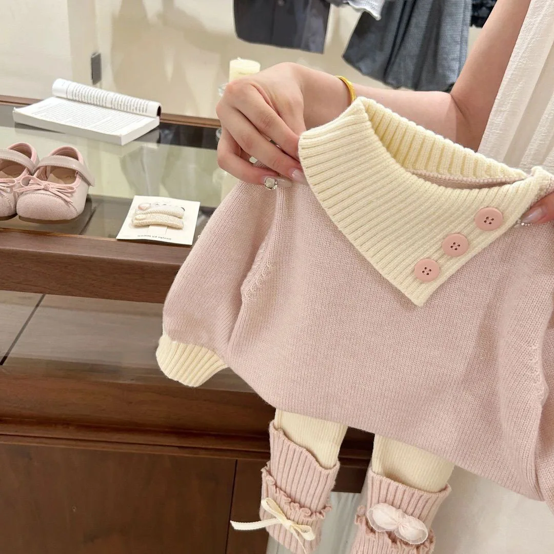 Winter Children Girl 2PCS Clothes Set Cotton Knitted Infant Babys Girl Sweater Suit Loose Bow Spliced Kids Girl Leggings Outfits