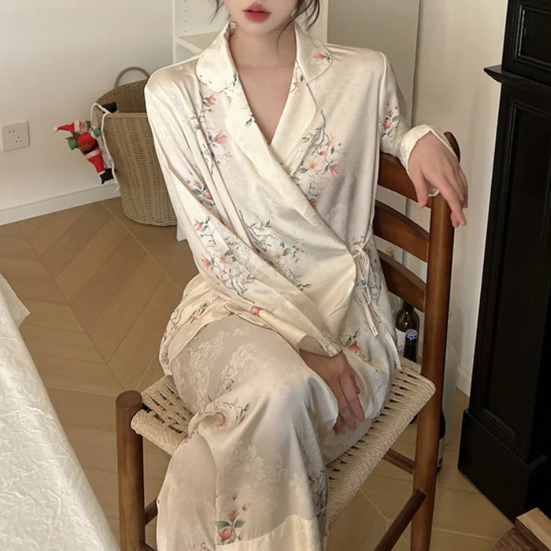 New Chinese Style Female Pajamas 2PCS Set Sleepwear Print Flower Long Sleeve Trouser Suits Loungewear Loose Ice Silk Home Wear