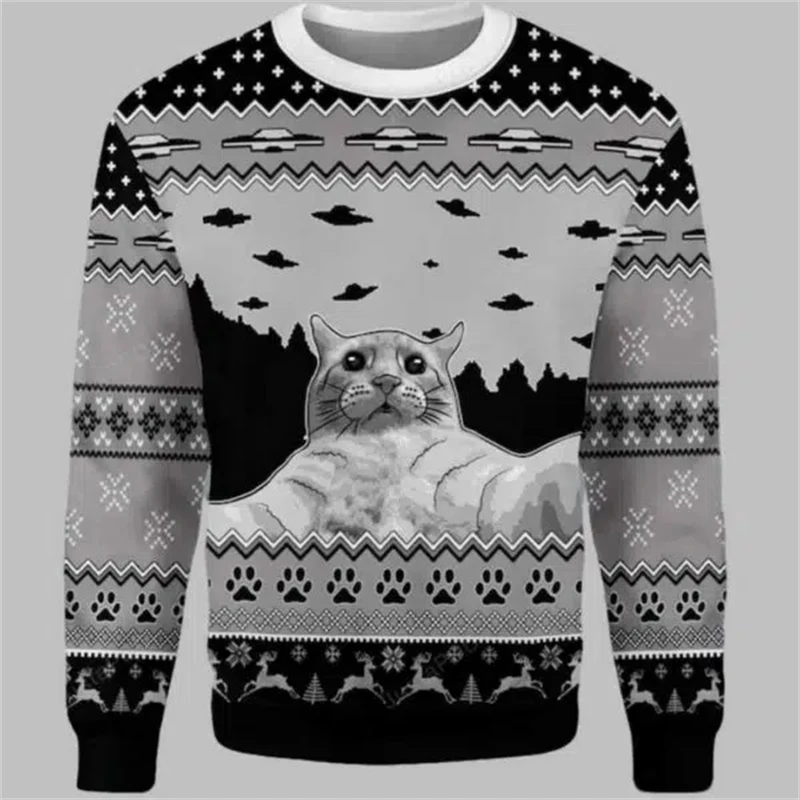 2025 Cute Cat Pattern Ugly Christmas Sweater For Men Fashion Autumn Long Sleeve 3D Printed Sweatshirt Loose Breathable Pullovers