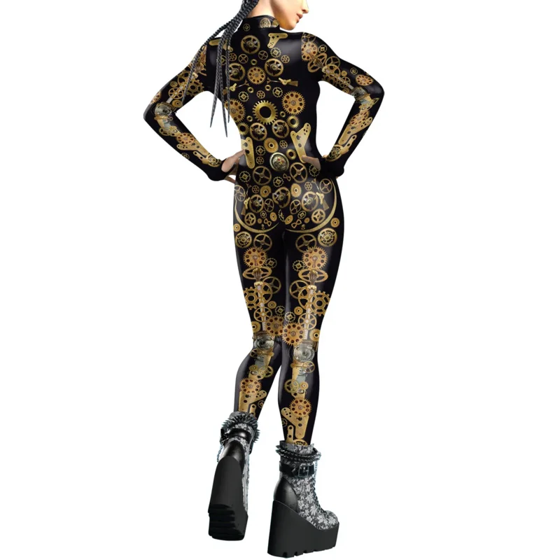 Mechanical Gear Punk Woman Zentai Bodysuit Costume Halloween Festival Catsuit Front Zipper Jumpsuit Outfit with Thomb Sleeves