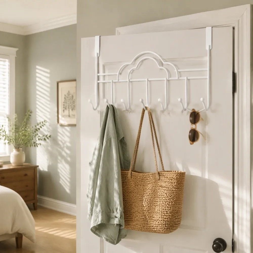 Organizer Rack No Punch Door Hooks Universal Multifunction Wall Hanger Hook 7 Hooks Traceless Door Storage Rack Over The Door