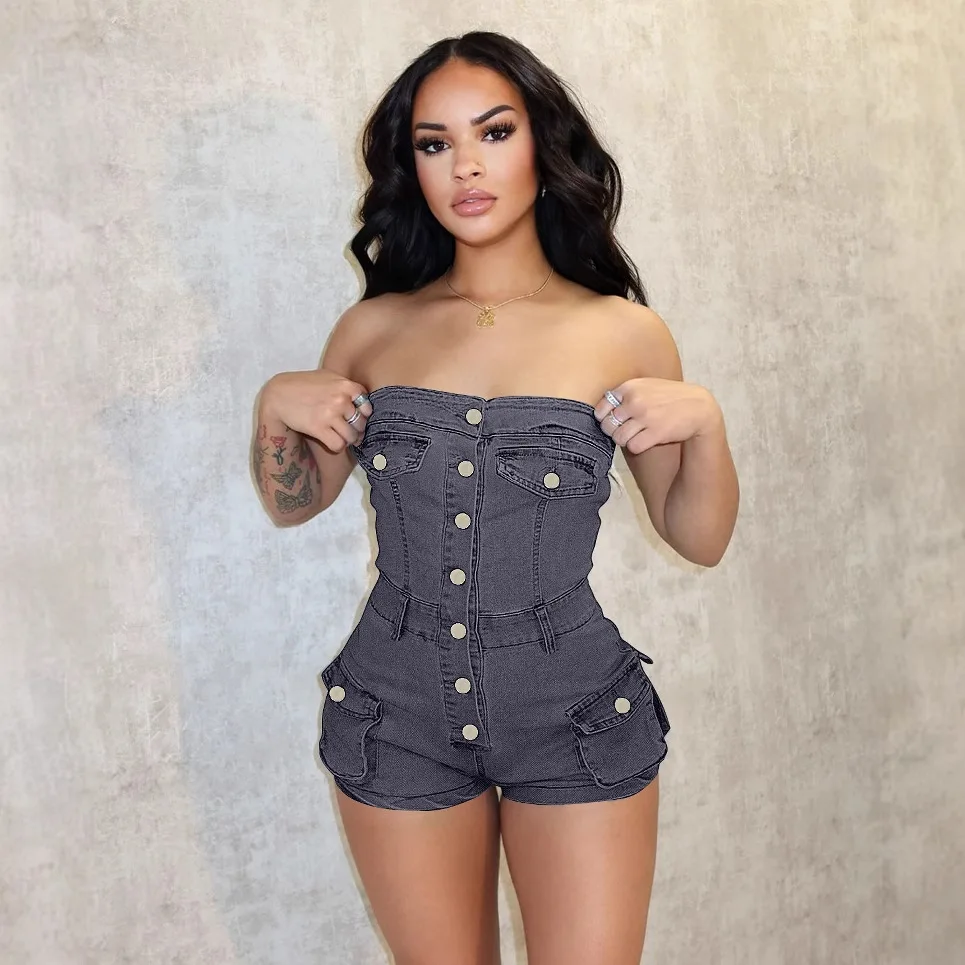 Salopette en Denim Sexy simple boutonnage combinaisons femmes Jean sans manches mince épissé poches lavé été Vintage Patchwork