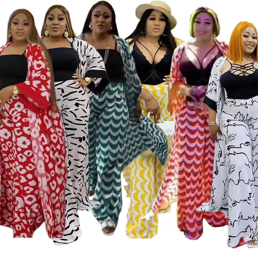 African Clothes Women3 Piece Set Women Tracksuit Summer Clothes Casual Party Long Dress Tops Wide Leg Pants Suits Outfits