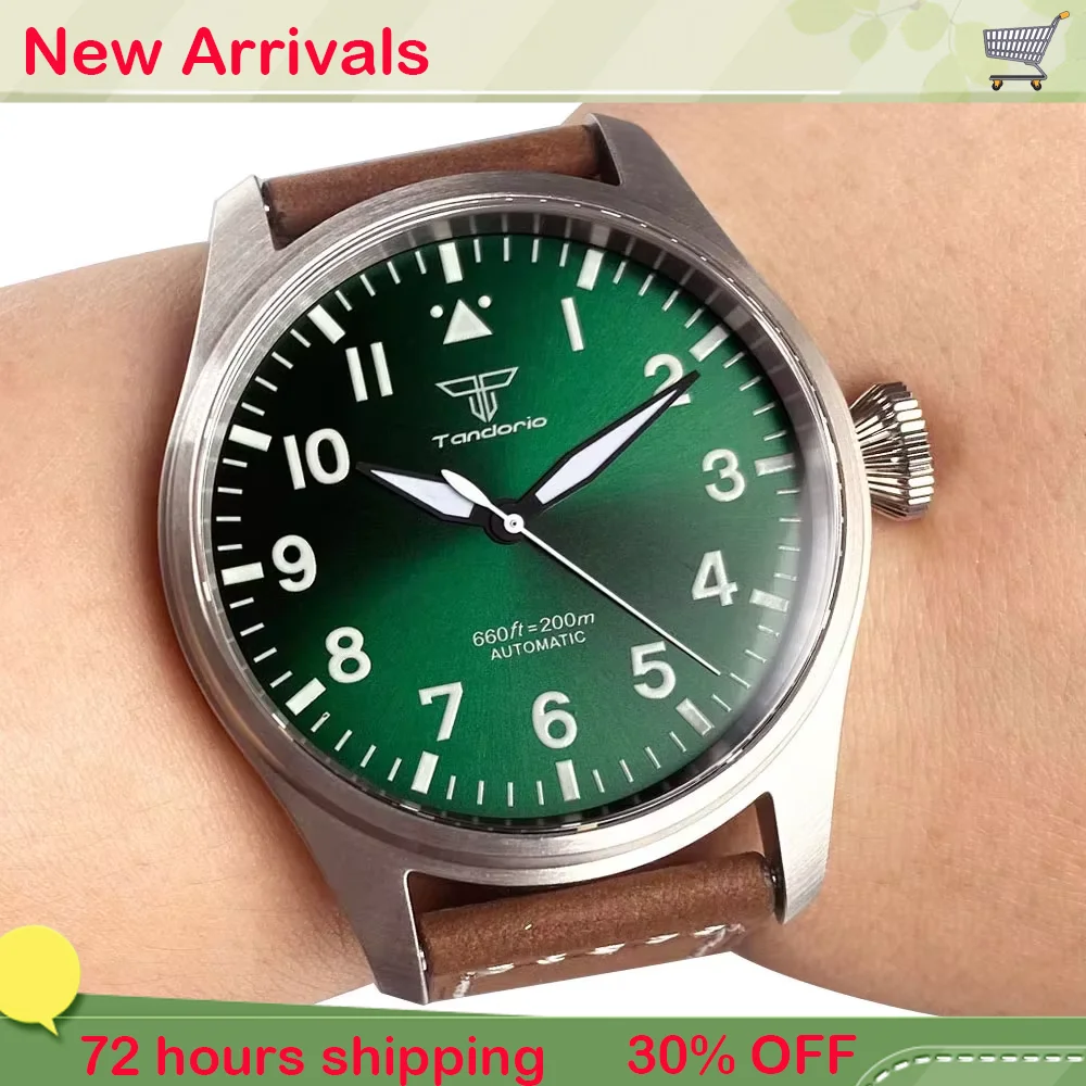 

Tandorio новые часы со стеклянной задней панелью Pilot 43 мм, простое черное сапфировое стекло, 200 м, водонепроницаемые автоматические механические часы NH35A PT5000