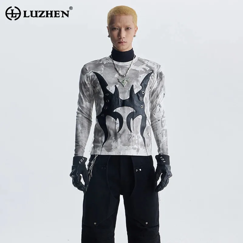 

LUZHEN оригинальные кожаные лоскутные футболки с длинными рукавами и индивидуальным рисунком, мужская осень 2024, новая модная одежда JY3875