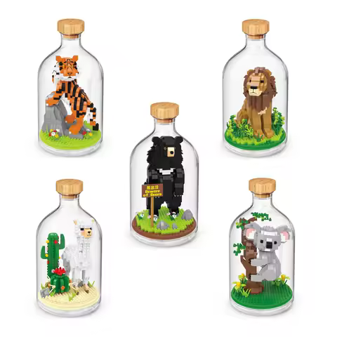 Idea Animal In A Bottle Micro Diamond Block Tiger Lion Koala Alpaca Bear Construction Bricks Model Educational Toys Nanobricks