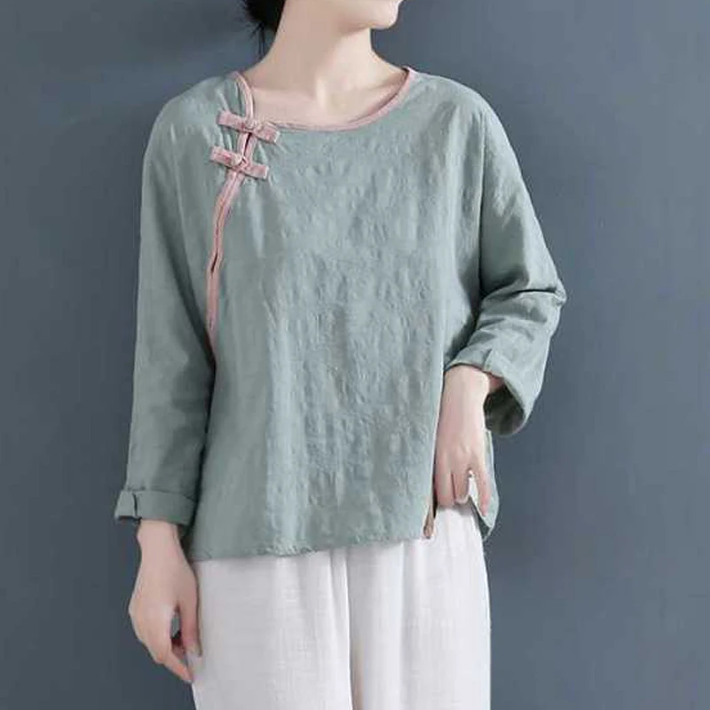 New Women Chinese Style Vintage Cotton Linen Blouses Elegant Contrast Color Long Sleeve Shirts Female O Neck Loose Pullover Tops