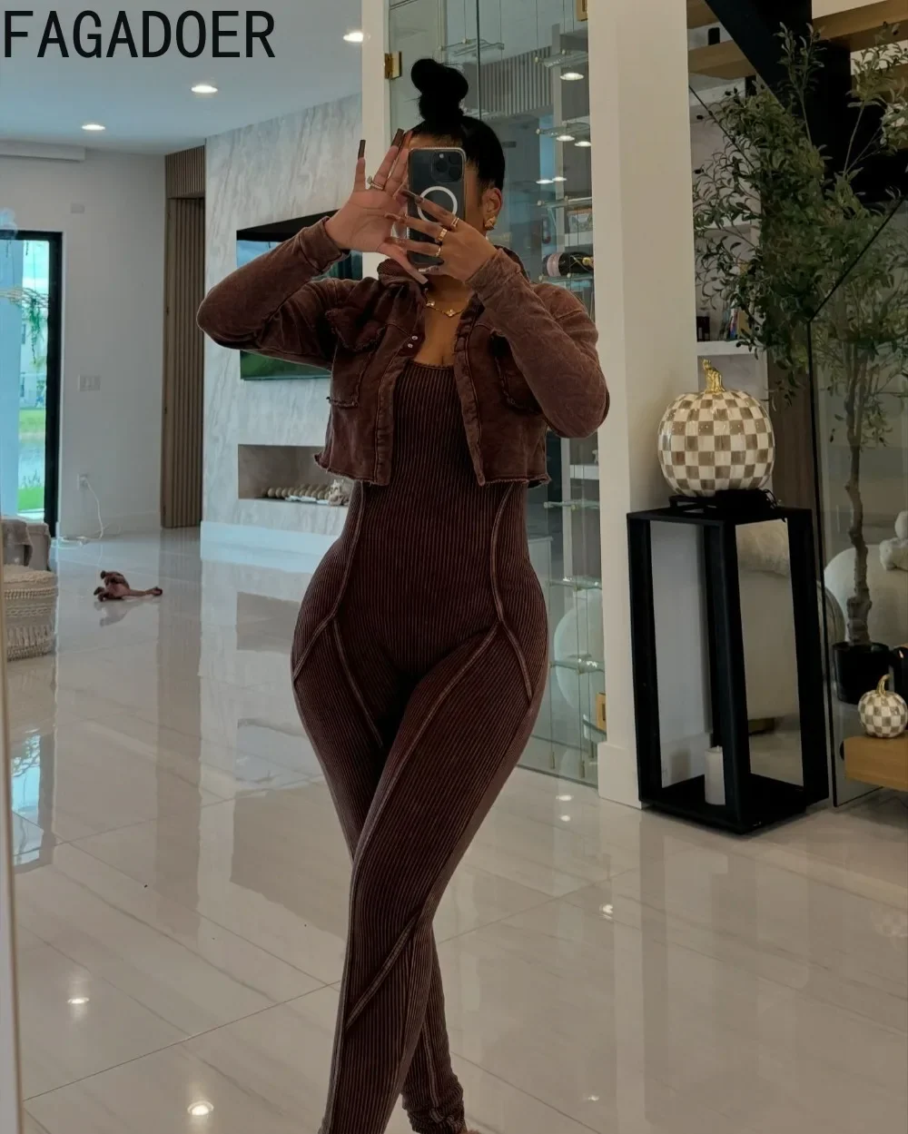 FAGADOER High Quality Rib Women 2 Piece Set Outfit Fashion Long Sleeve Crop Jacket + Bodycon Jumpsuits Suits Clothing 2025 New