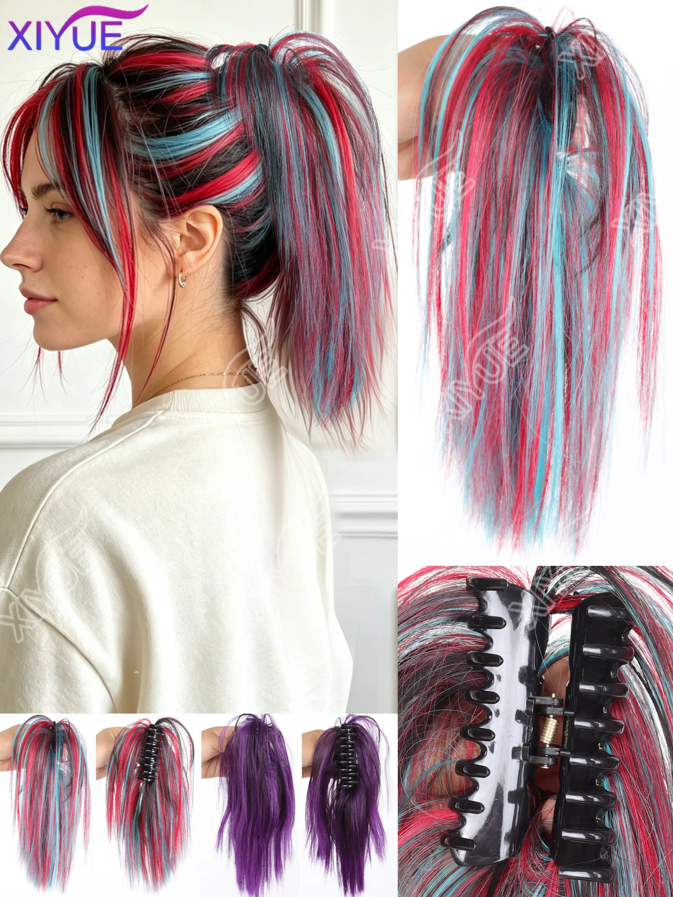 Synthetic Messy Large Claw Clip Chignon Hairpiece, Voluminous Fake Hair Bun with Tail,  Black Base with Vibrant Red & Green wig