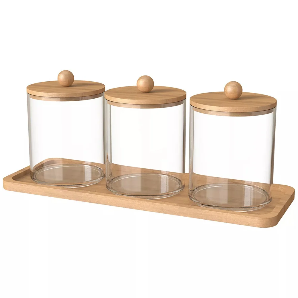 3Pcs Holder Dispenser with Bamboo Lids Clear Acrylic Bathroom Jars with Tray Cotton Swab Storage Dispenser Reusable