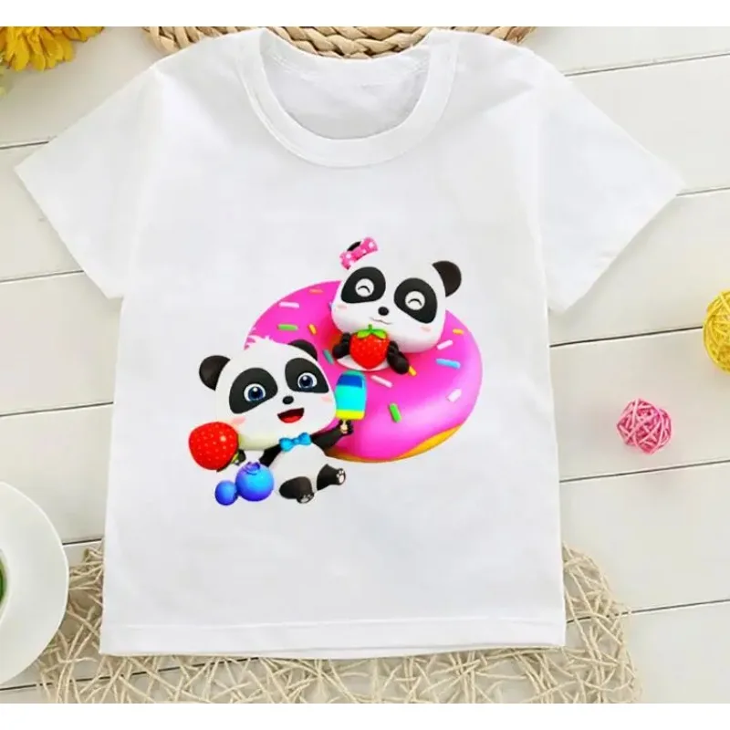 T-shirt de manga curta para meninas e meninos, roupas infantis, kawaii, baby bus, panda, impressão do arco-íris, harajuku, verão