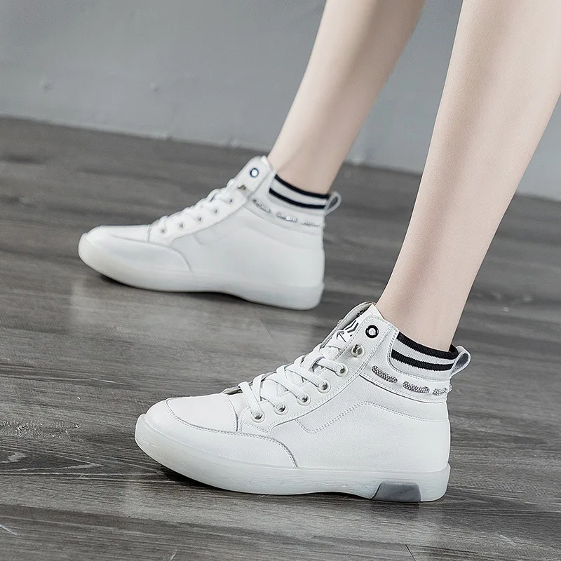 High Top Leather Women's Shoes 2023 Autumn New Drawstring Small White Shoes Soft Sole Leisure Elastic Flat Size 35-42