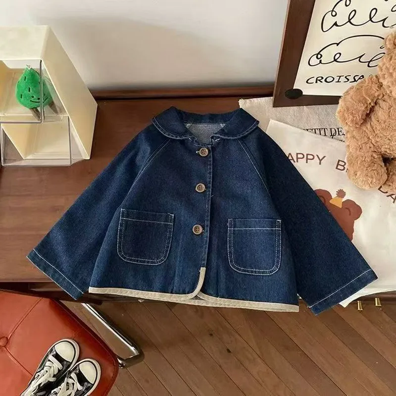 Girls' Cowboy Jacket Spring and Autumn New Collection Children's Retro Cartoon Embroidery Collar Loose Jacket Top Kids Clothing