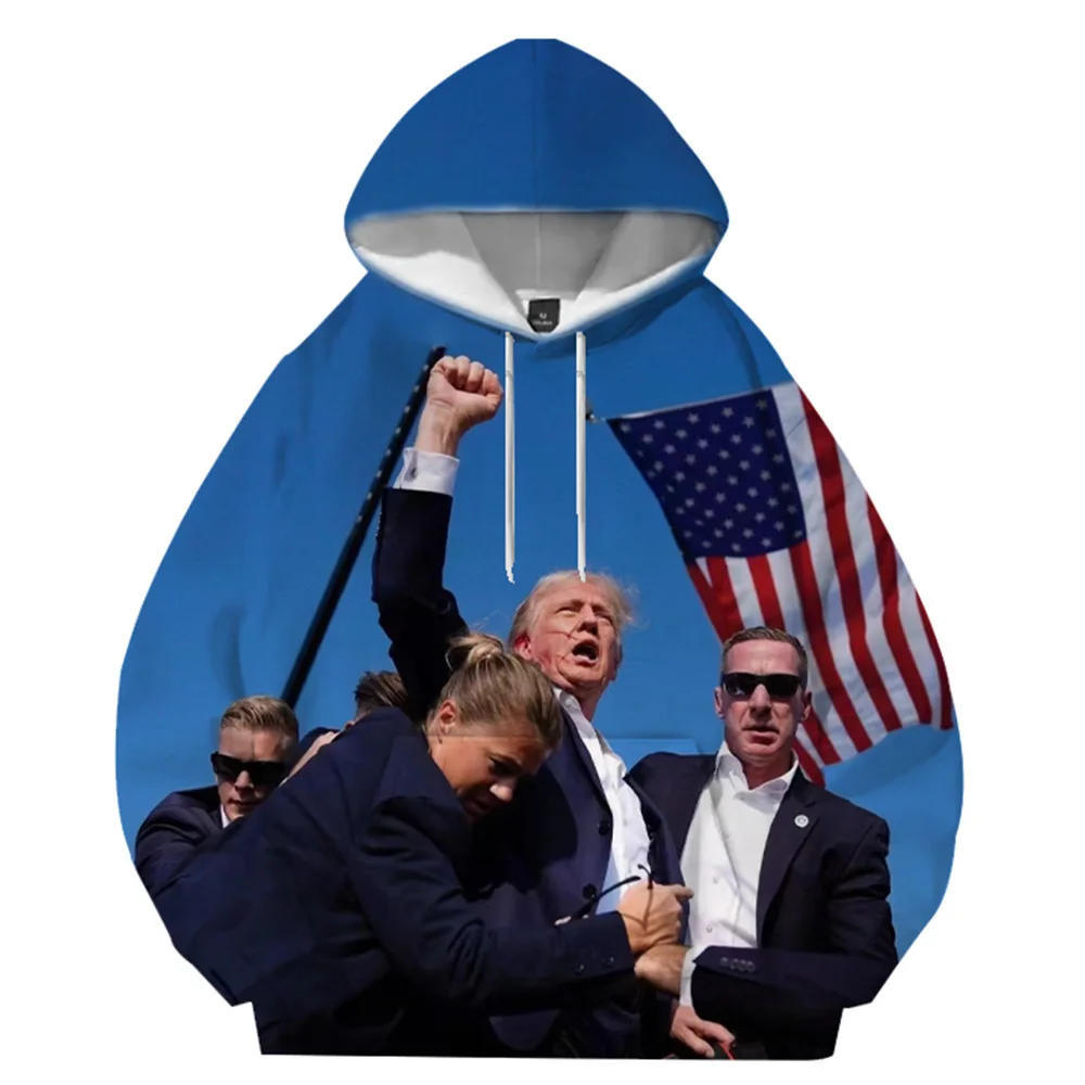 Mantel Hoodie gambar Trump lucu 3d bendera Amerika Trump pidato menembak foto pakaian atas untuk pria dan wanita