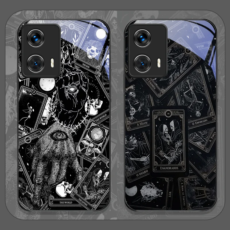 Funda de Teléfono de Vidrio Templado con Diseño de Cartas del Tarot Góticas Vintage para Motorola Moto G85 G84 G75 Edge 50 Fusion 40 Neo 30 Pro 5G