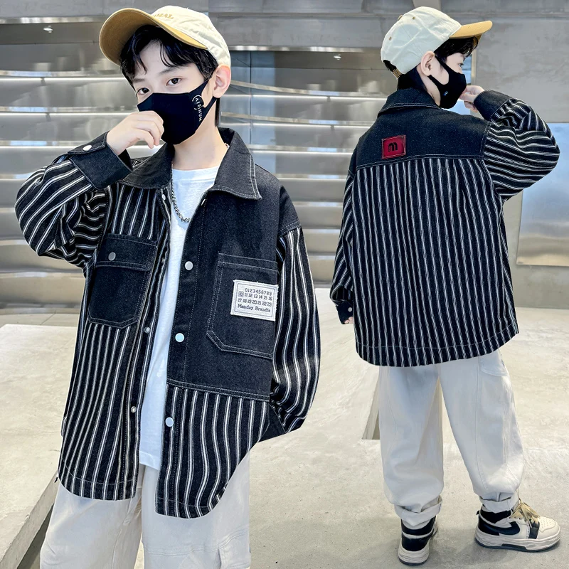 Spring Autumn Style Children Vertical Stripe Shirt Jacket for Teenage Boys Long Sleeve Tops Kids Loose Casual Blouse Coat 5-14 Y