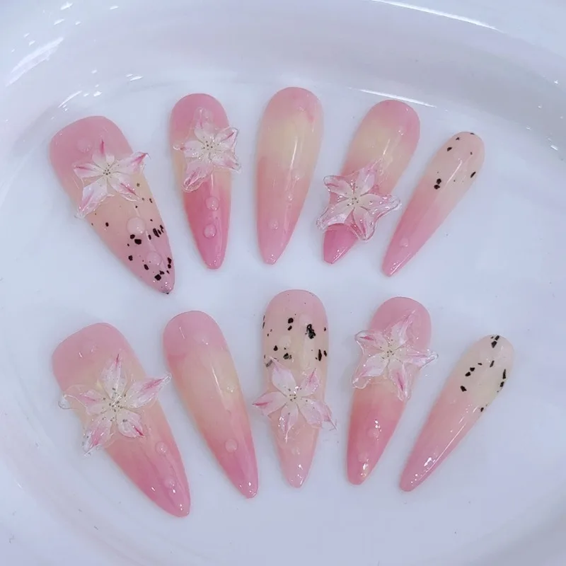 Summer Frozen Lilies Press On Nails Handmade 3D Embossed Pink Yellow Pistils Water Bead Smudge Fake Nails