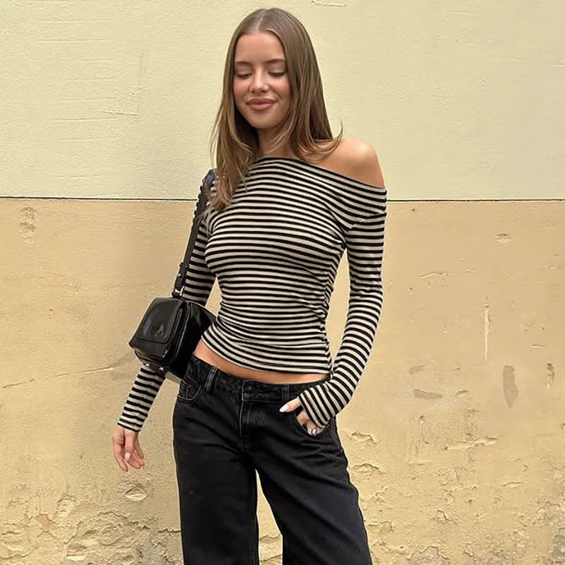 جودة عالية الساخن بيع بالجملة المتناقضة مخطط قطري تي شيرت بياقة الخريف جديد الداخلية أسفل قميص علوي المرأة Y2K #4