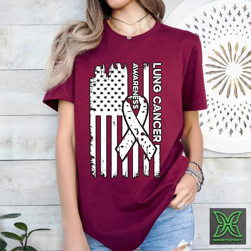 

Lung Cancer American Flag T Shirt White Ribbon Support For Patriotic Men Awareness Fighter